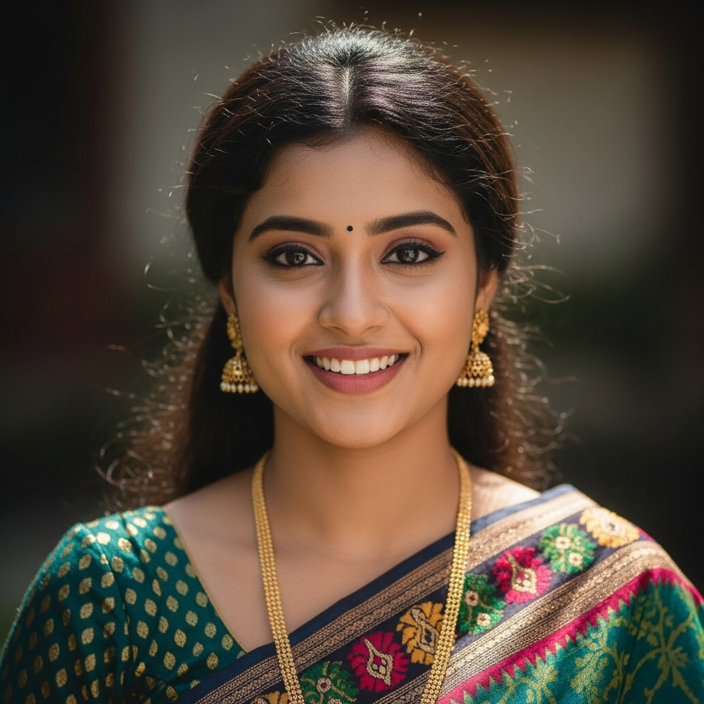 A smiling Indian woman in a green traditional saree with gold jewelry and earrings.