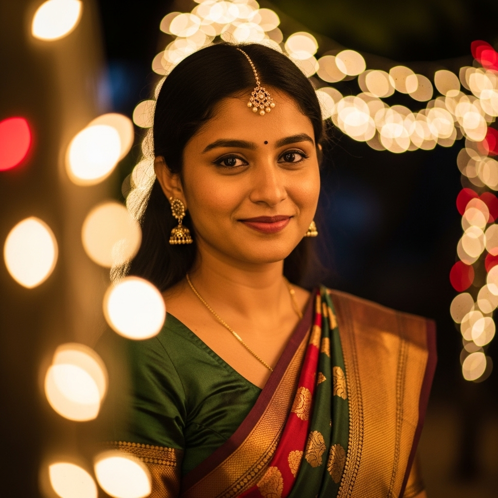 Beautiful Indian woman in silk saree smiling during festive celebration with lights background