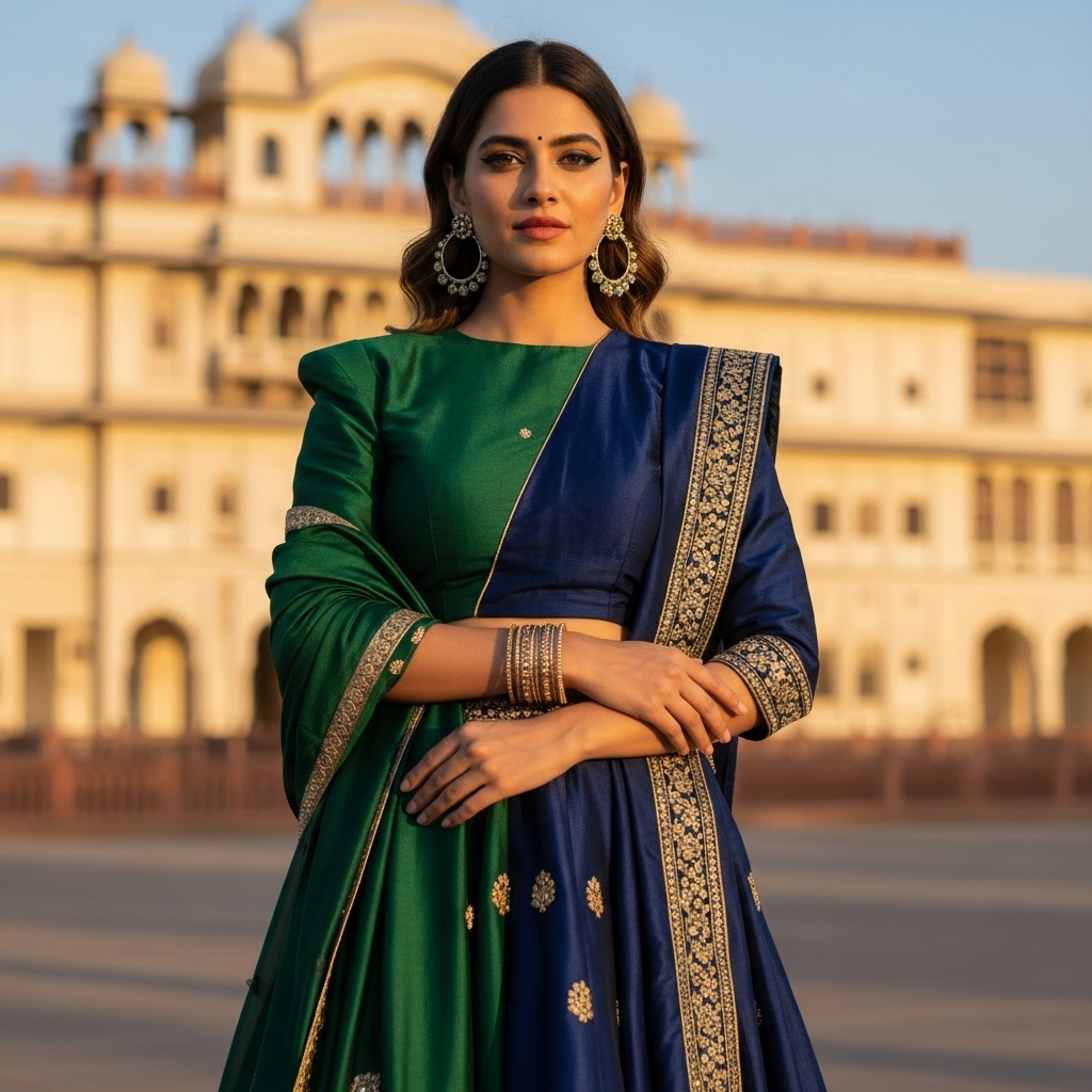 Elegant Indian woman in traditional silk saree posing gracefully before historic palace building