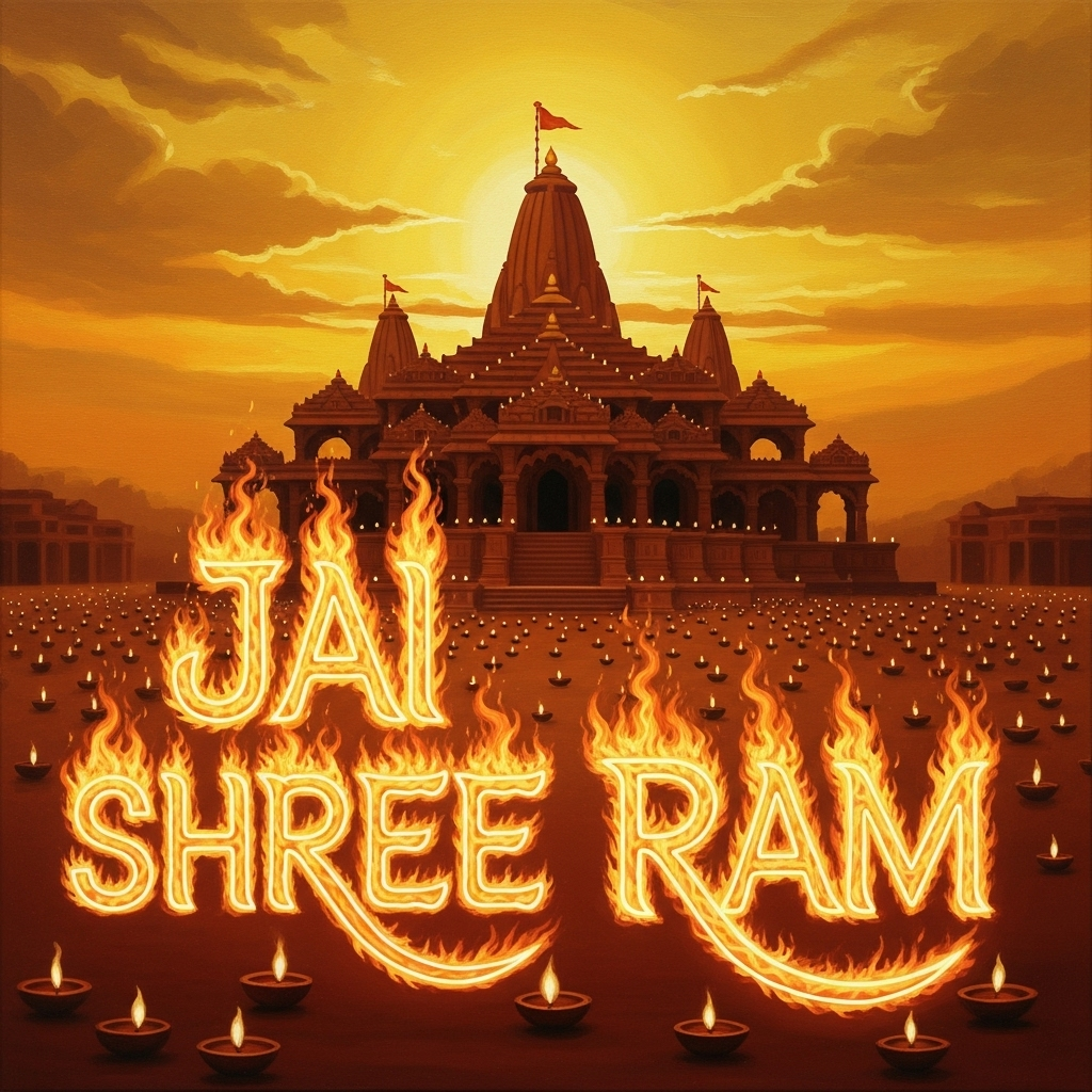 Jai Shree Ram fire text with Ayodhya temple and glowing diya lights