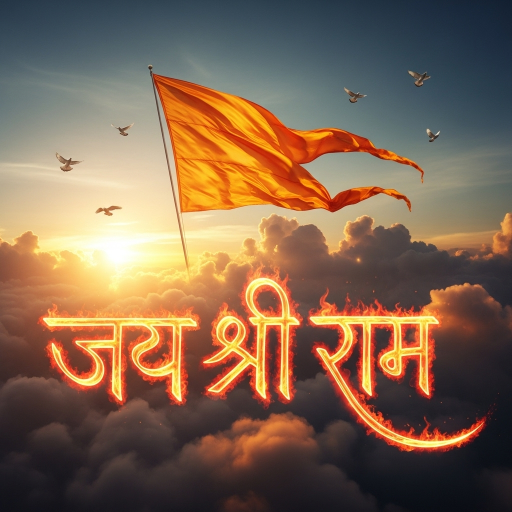 Saffron flag waving above clouds with glowing Jai Shree Ram fire text