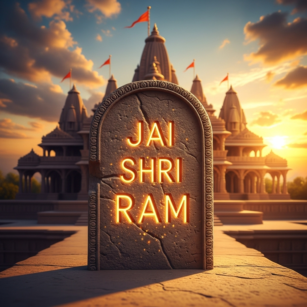 Sacred stone inscription of Jai Shri Ram with temple background at sunset