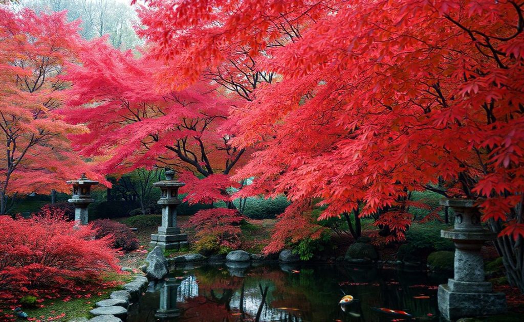 Japanese garden with red maple trees, stone lanterns, and peaceful autumn pond