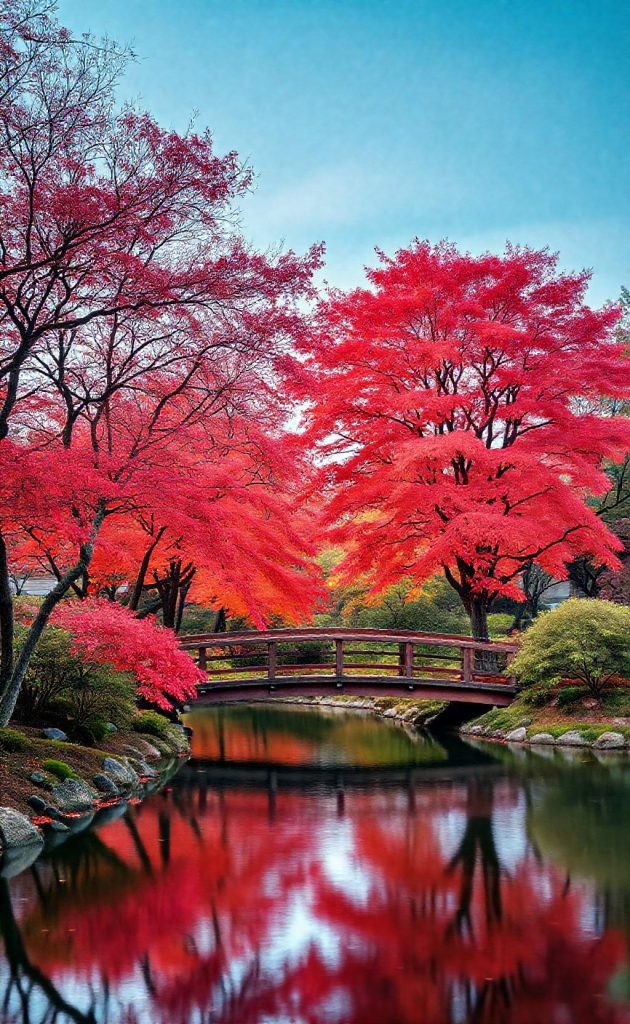 Beautiful Japanese garden with red maple trees, wooden bridge, and water reflection in autumn.