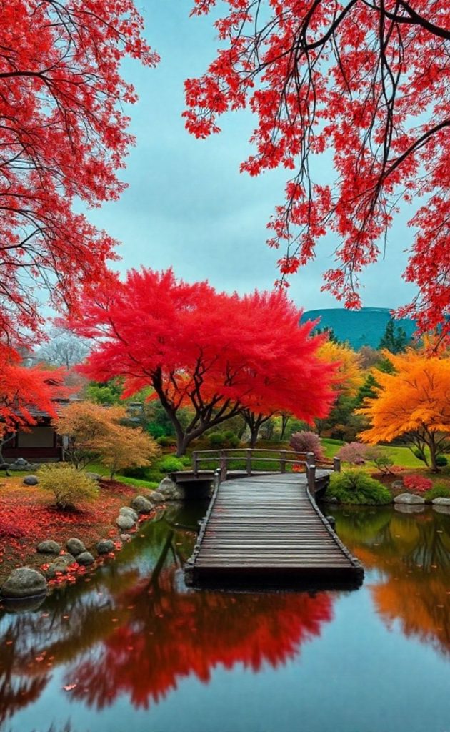 Beautiful Japanese garden with wooden bridge and colorful autumn trees reflecting in water