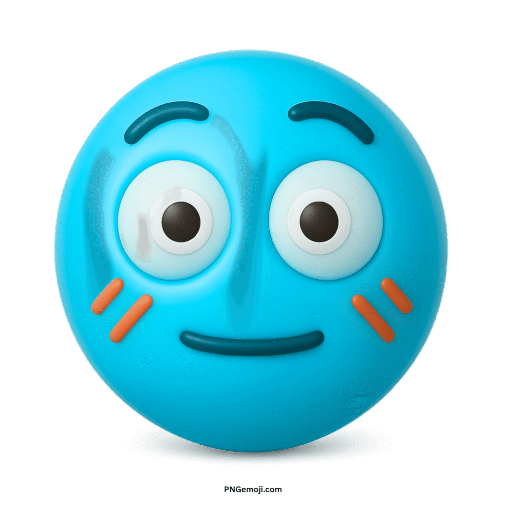  Light blue flushed 3D emoji with wide eyes, slight smile, and orange cheek marks.
