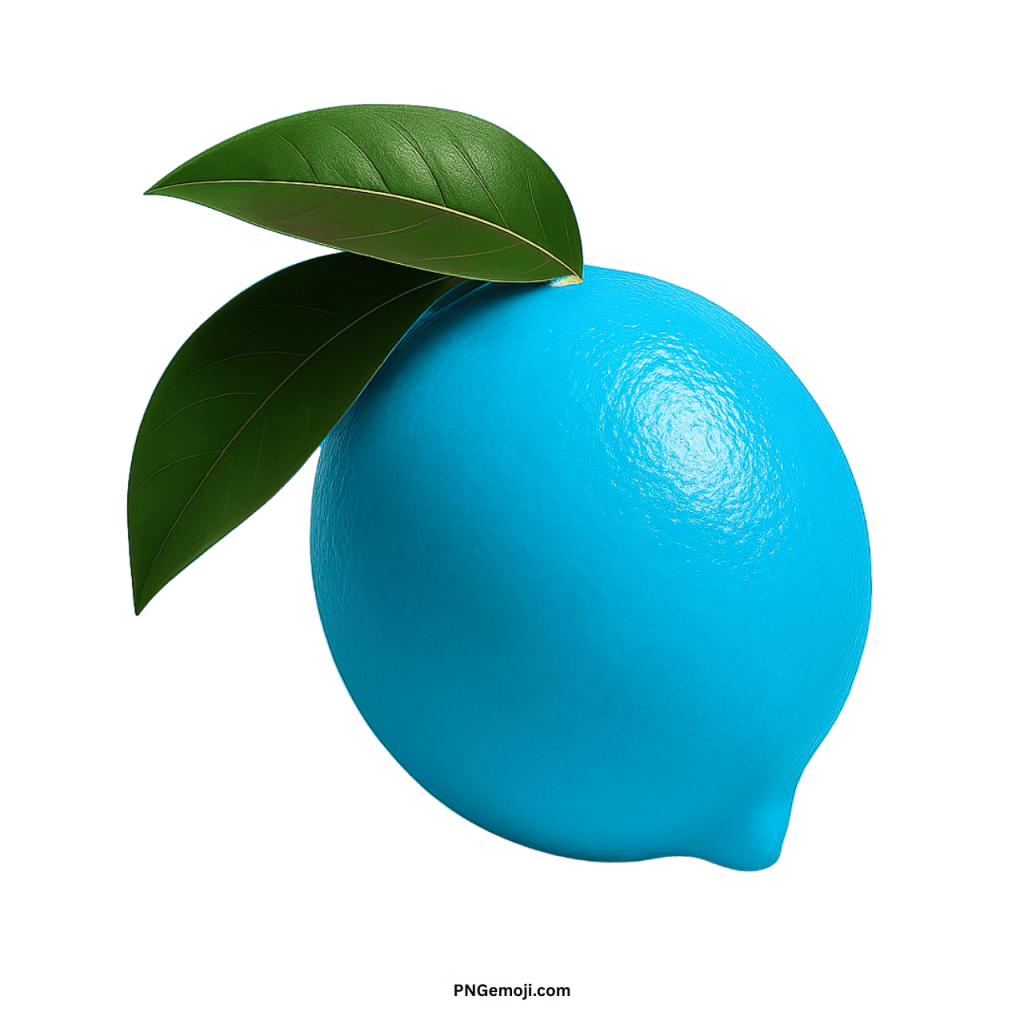 Light blue lemon emoji with green leaves, creative digital fruit icon for fun chats