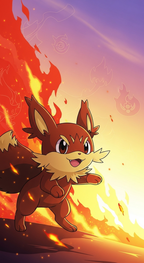 Litten Pok&eacute;mon fire type wallpaper with blazing flames and sunset anime background