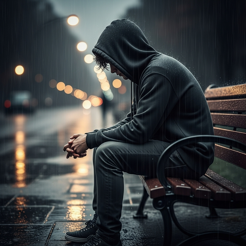 Hooded man sits pensively on wet bench in rainy urban street at night.