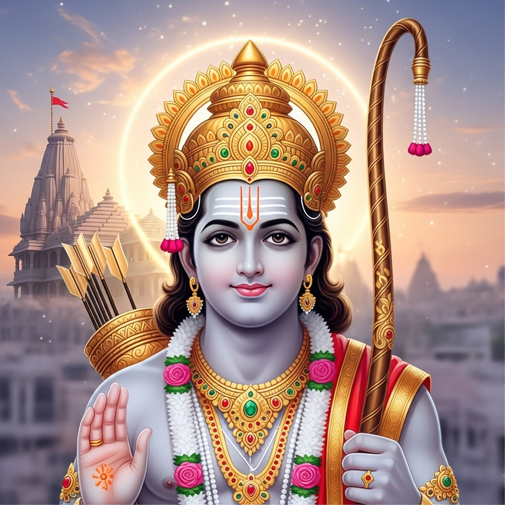 Lord Ram with golden crown, bow and arrows, blessing pose, Ayodhya temple background