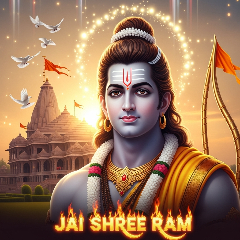Lord Ram divine wallpaper with Ayodhya Ram Mandir temple and flying white doves