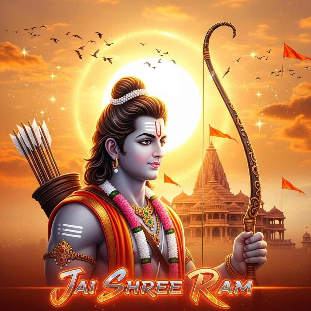 Lord Ram with bow and arrows, Ayodhya temple background, Jai Shree Ram text