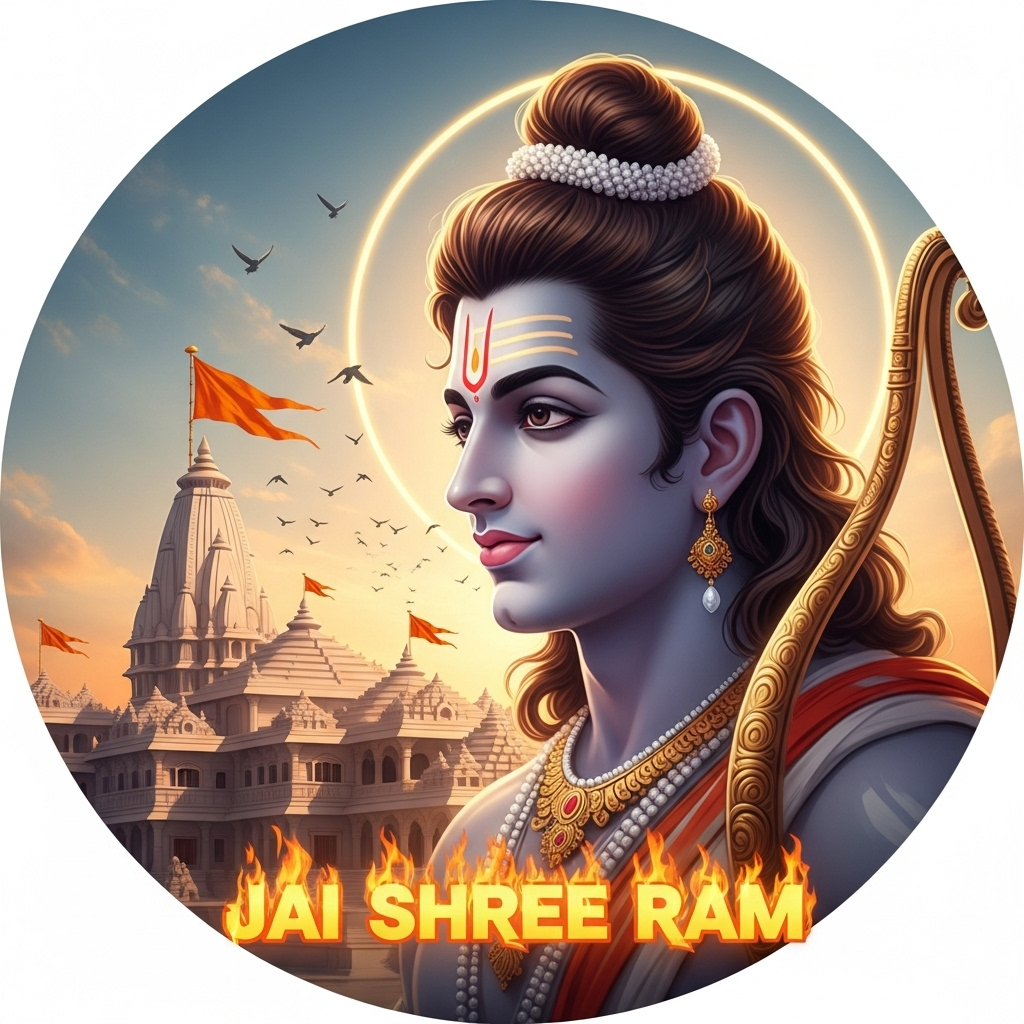 Divine Lord Ram wallpaper with glowing aura and Ayodhya Ram Mandir temple background