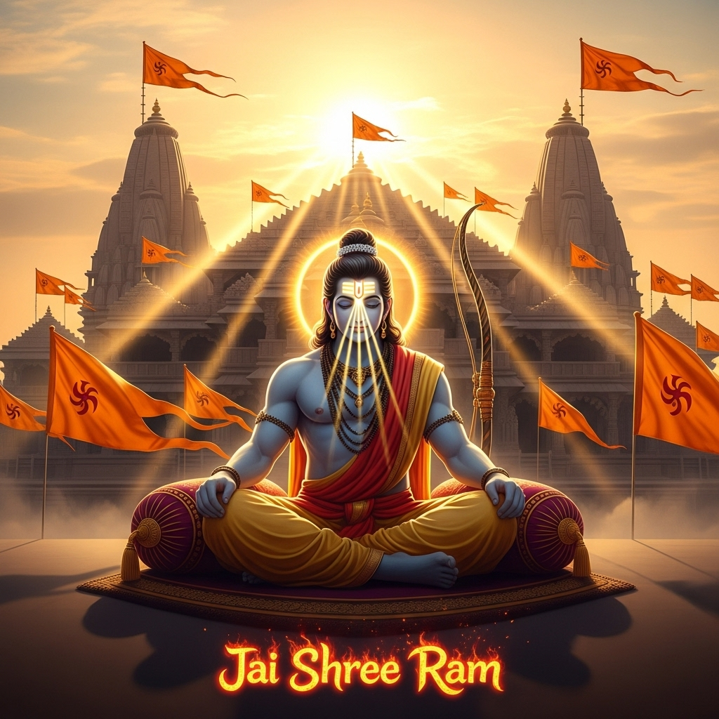 Lord Ram meditation wallpaper with glowing aura and Ayodhya Ram Mandir temple background