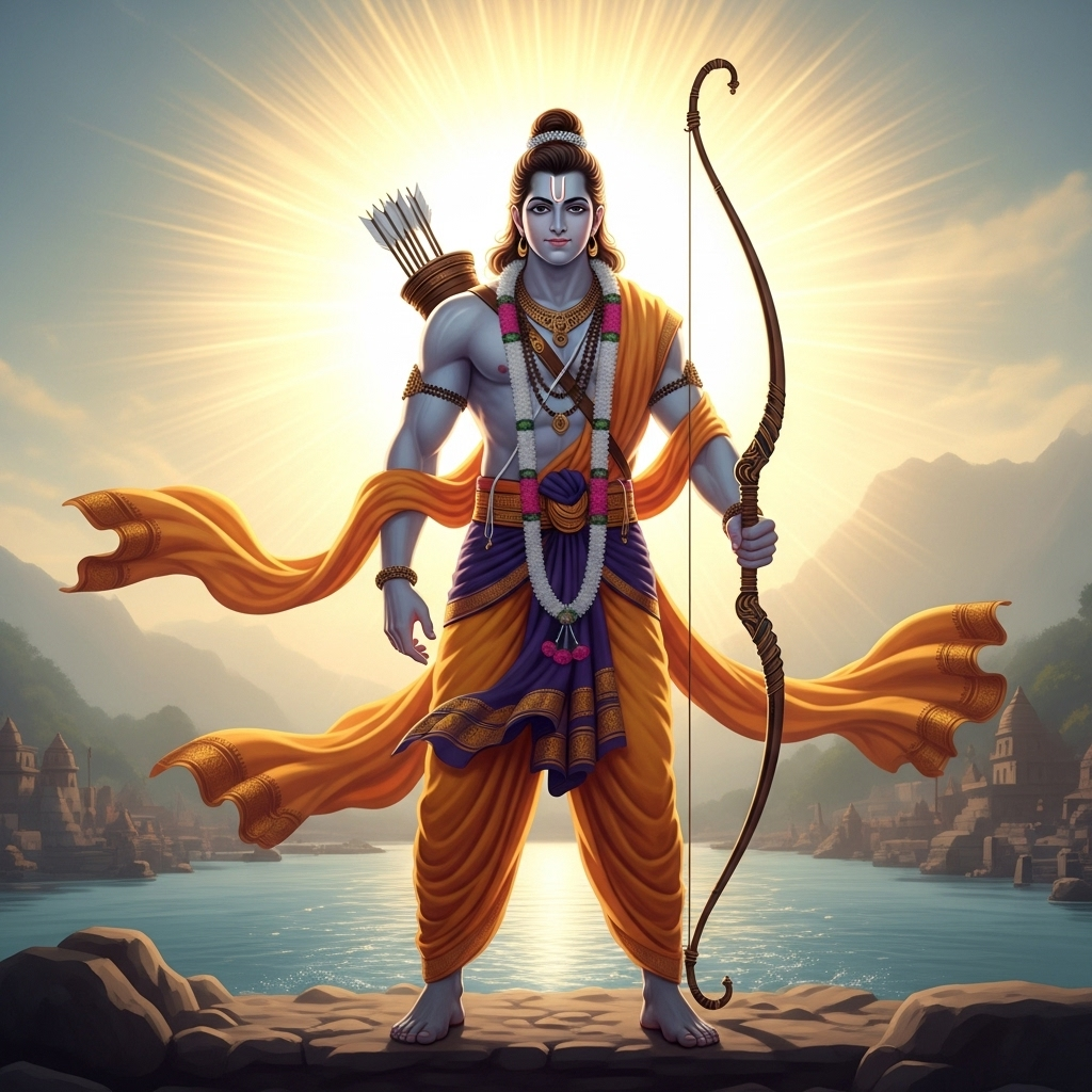 Lord Rama standing with bow and arrows in divine pose near river and temples.