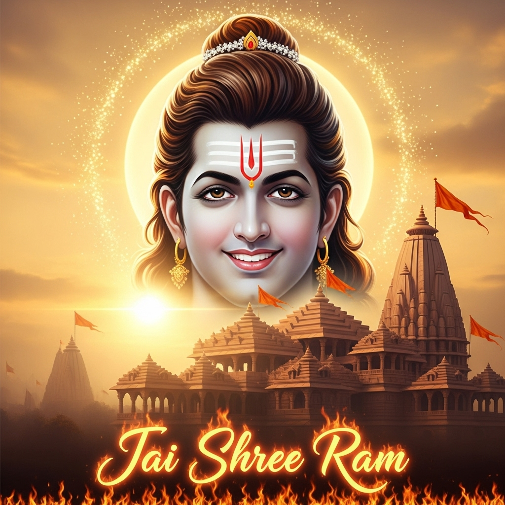 Divine face of Lord Rama with radiant aura and Ayodhya temple background.