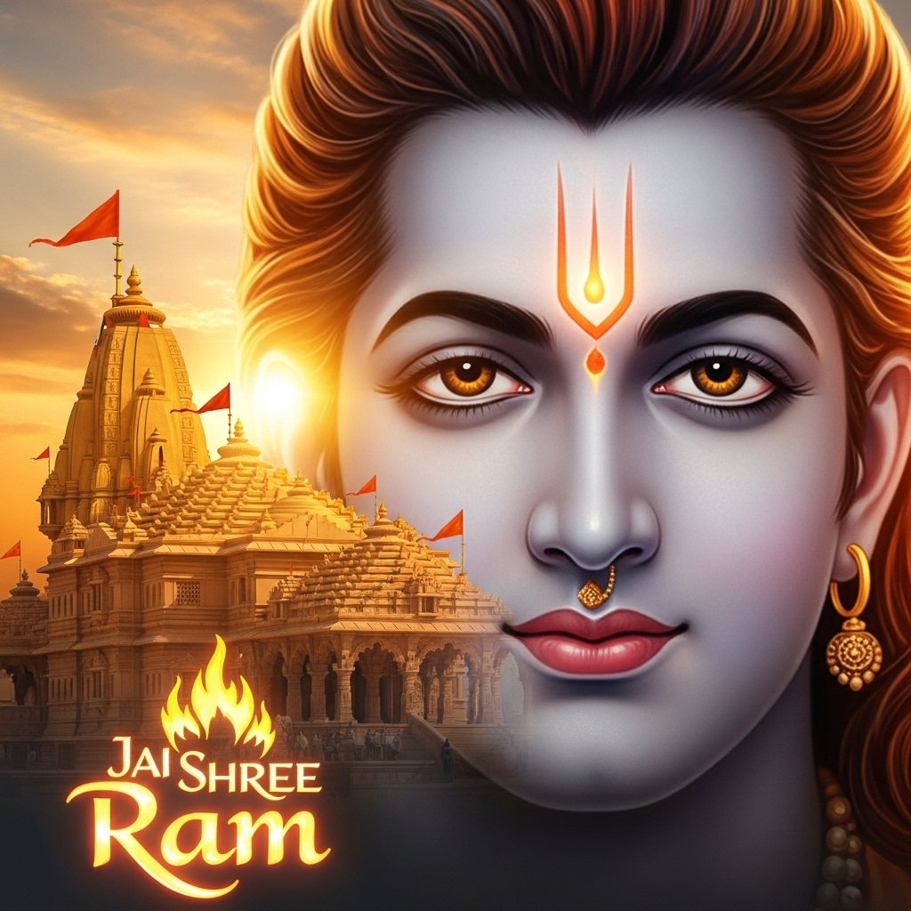 Close-up divine face of Lord Rama with golden aura and Ayodhya temple background.