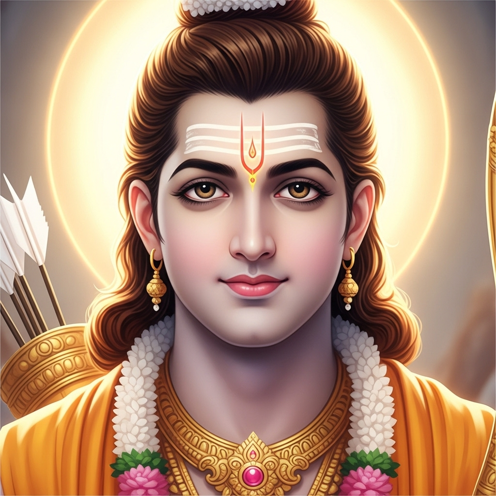 Divine portrait of Lord Rama with bow, arrows, ornaments, and radiant glowing aura.
