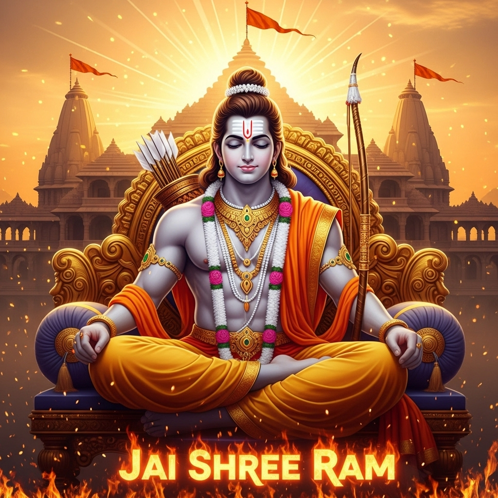 Lord Rama sitting on golden throne with bow, arrows and Ayodhya temple background.