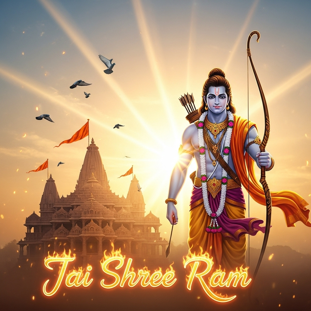 Lord Rama standing with bow in front of Ayodhya temple with divine aura.
