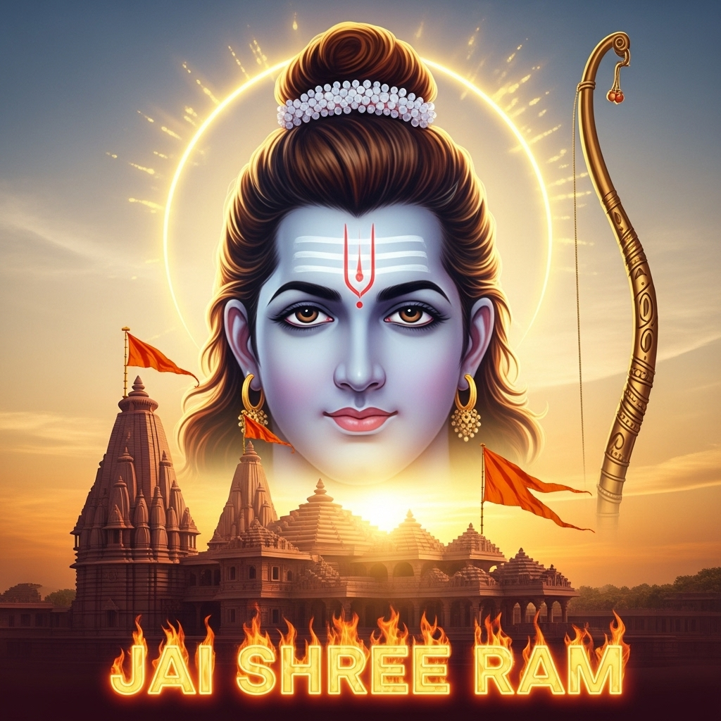 Sacred face of Lord Shree Ram with bow and temple glowing at sunset
