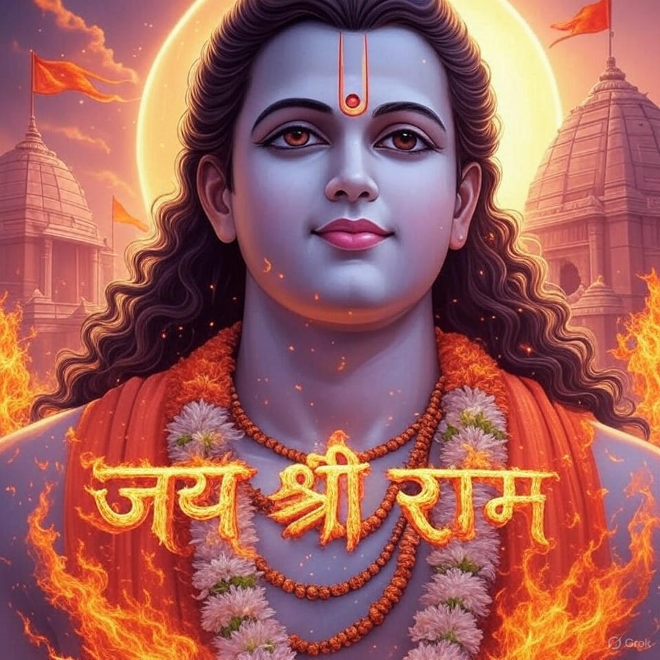 Divine portrait of Lord Shree Ram with temple background and fiery aura