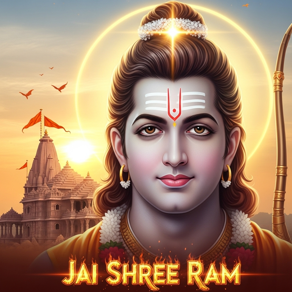 Divine portrait of Lord Shree Ram with glowing halo and temple background