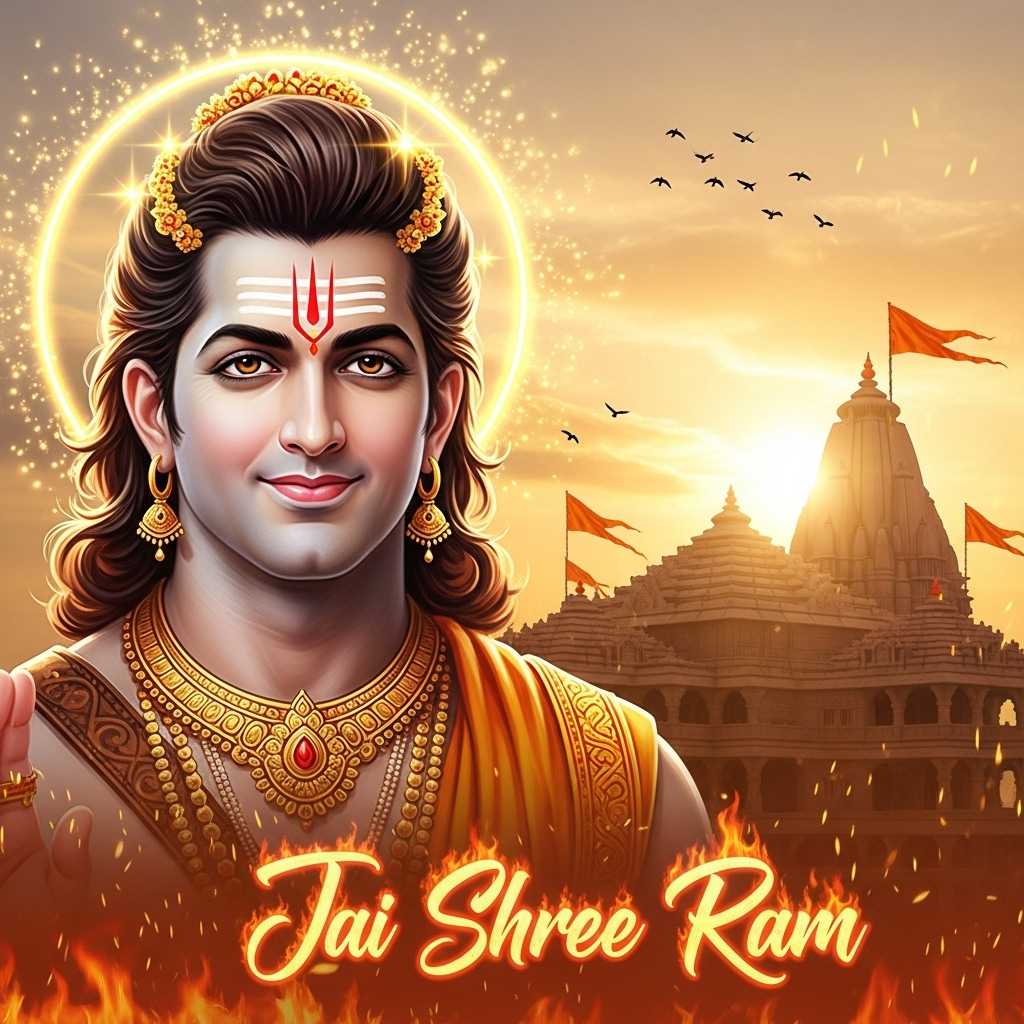Lord Shree Ram divine wallpaper with Ayodhya Ram Mandir temple background at sunset