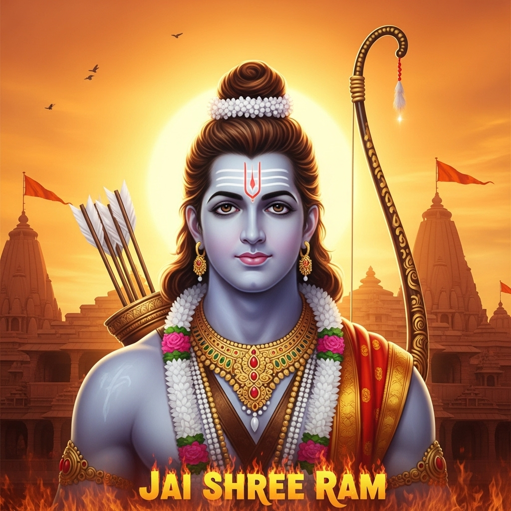 Divine image of Lord Shree Ram with temple background and bow symbol of dharma