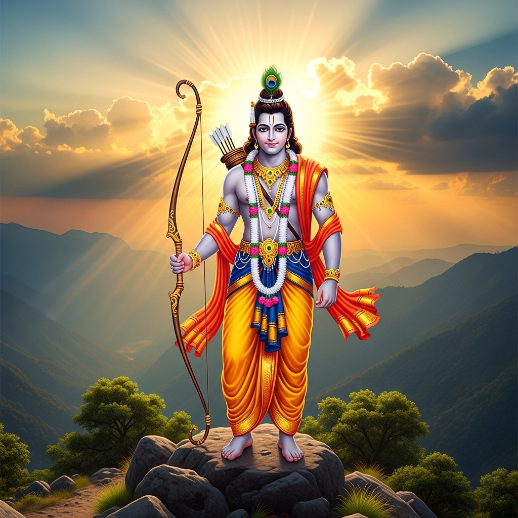 Lord Shree Ram standing with bow on mountain peak at sunrise divine aura
