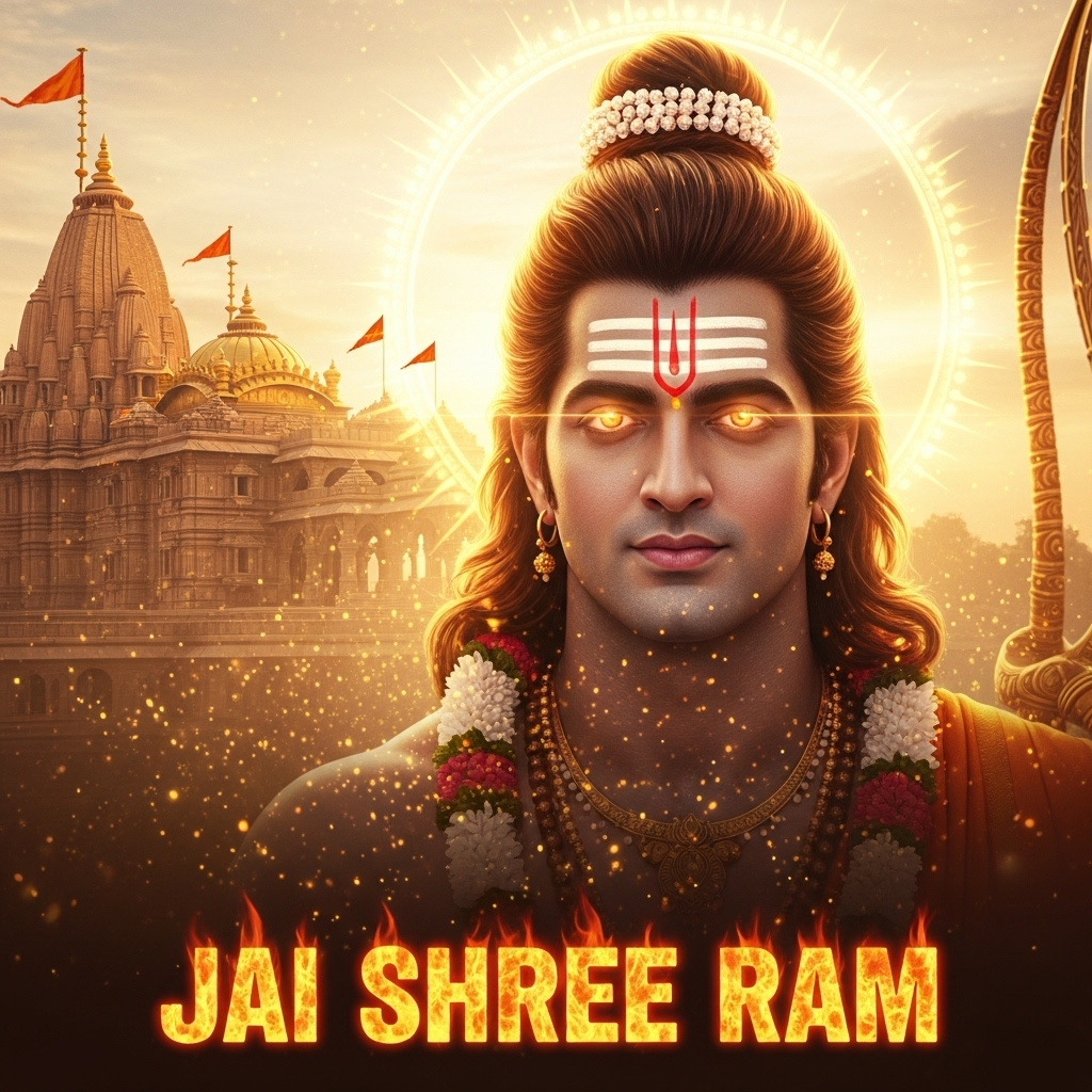 Powerful Lord Shree Ram divine wallpaper with glowing eyes and Ayodhya temple background
