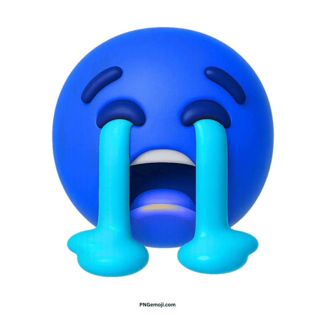  A 3D blue loudly crying face emoji with tears streaming down, on a black background.