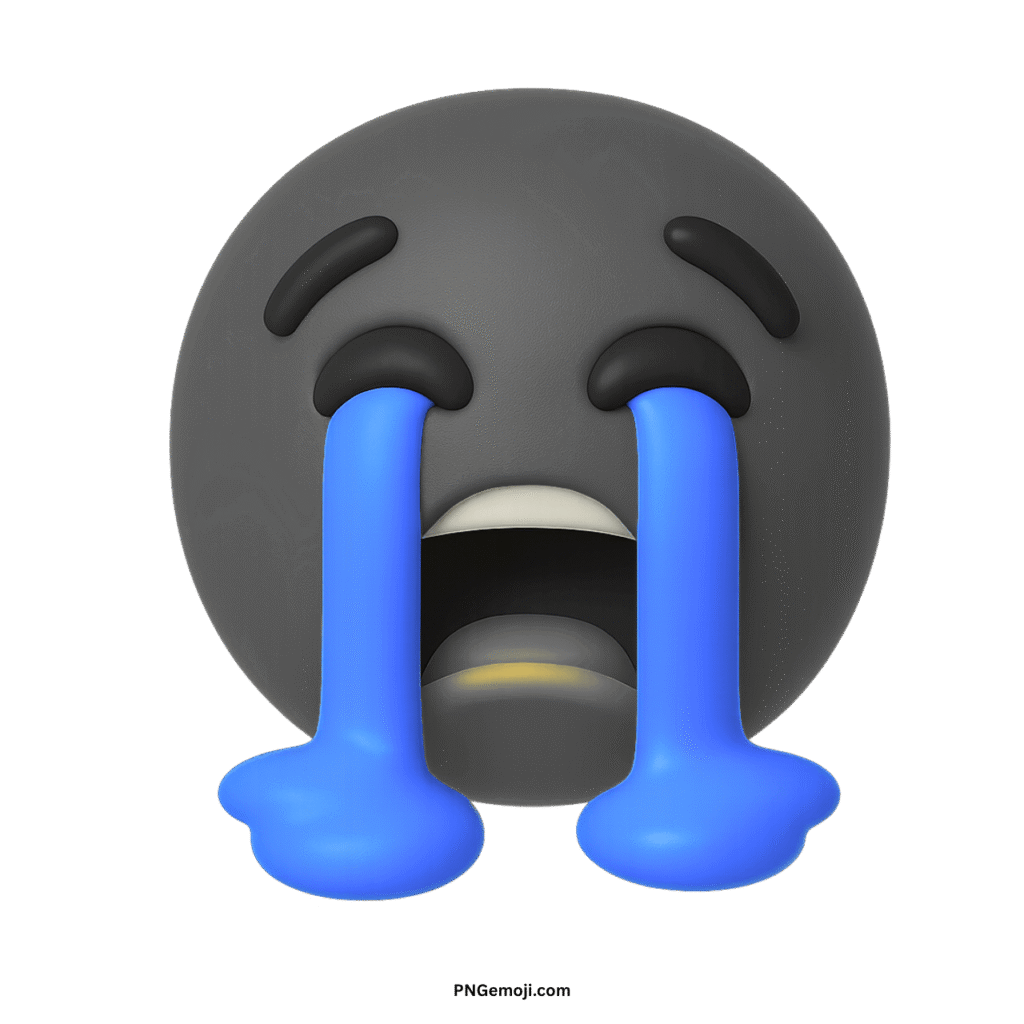 A 3D gray loudly crying face emoji with blue tears streaming down, on a black background.