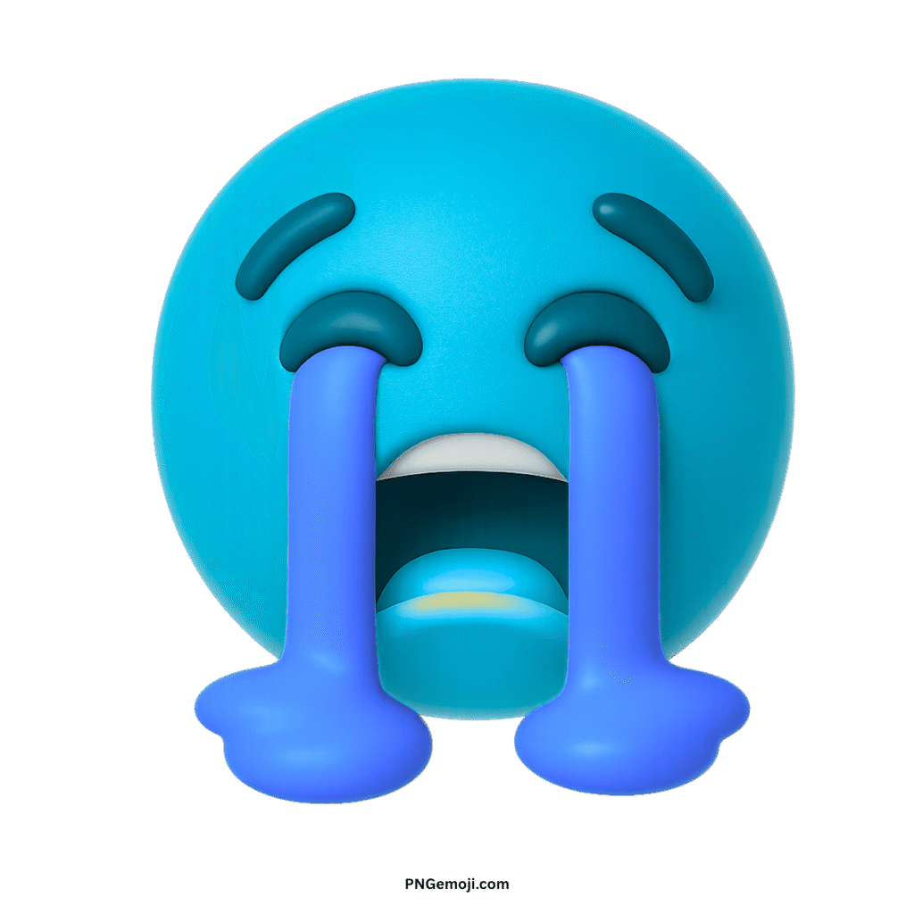  A 3D light blue loudly crying face emoji with blue tears streaming down, on a black background.