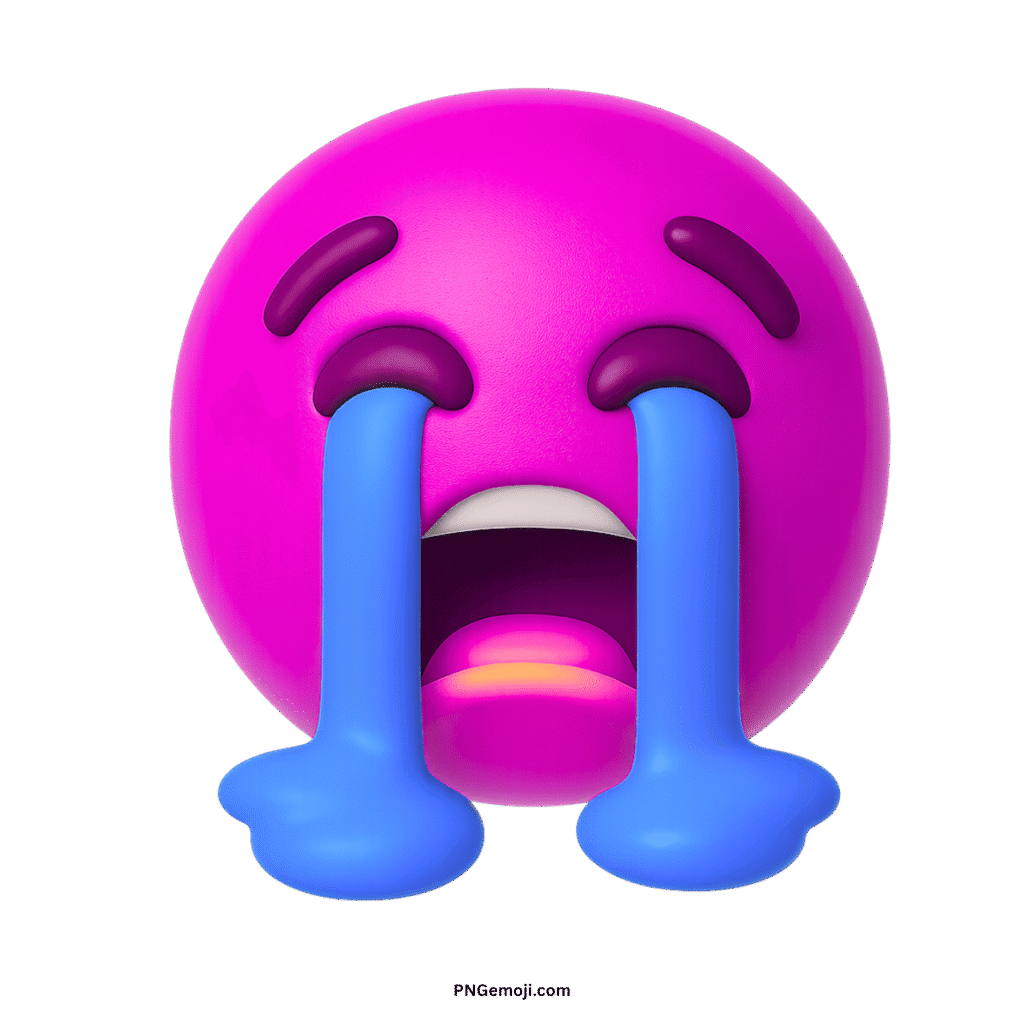A vibrant 3D pink loudly crying face emoji with blue tears streaming down, on a black background.
