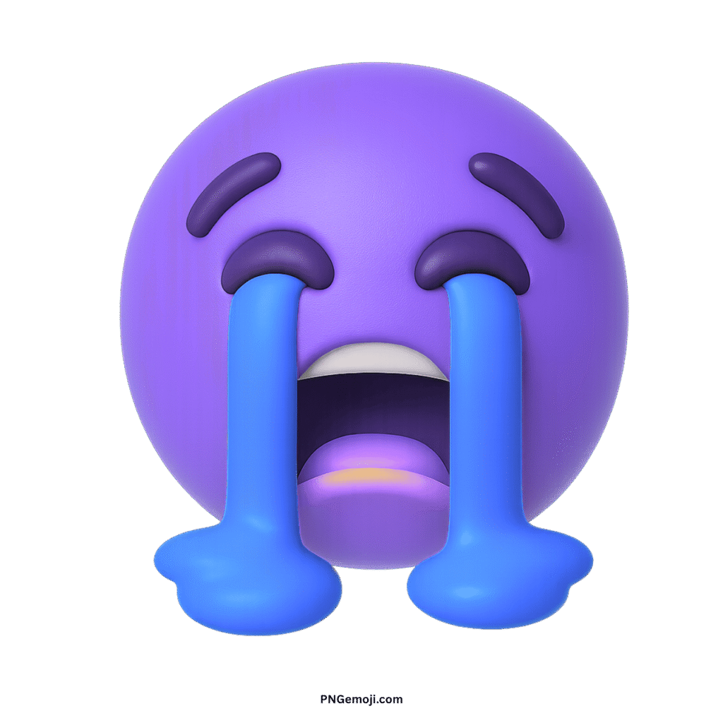 A 3D purple loudly crying face emoji with blue tears streaming down, on a black background.