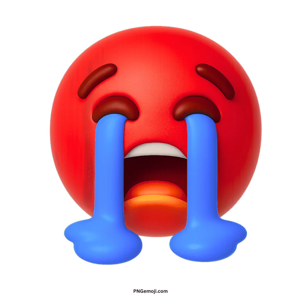 A vibrant 3D red loudly crying face emoji with blue tears streaming down, on a black background.