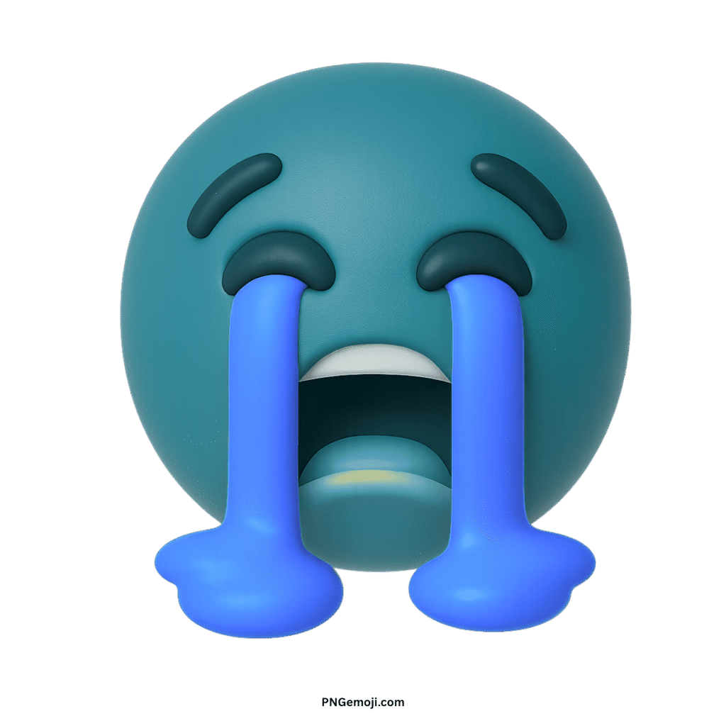  A 3D teal loudly crying face emoji with blue tears streaming down, on a black background.