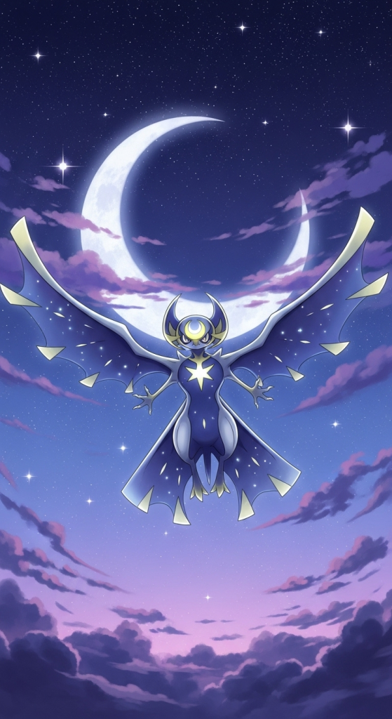 Lunala legendary Pok&eacute;mon wallpaper with glowing crescent moon and starry night sky background