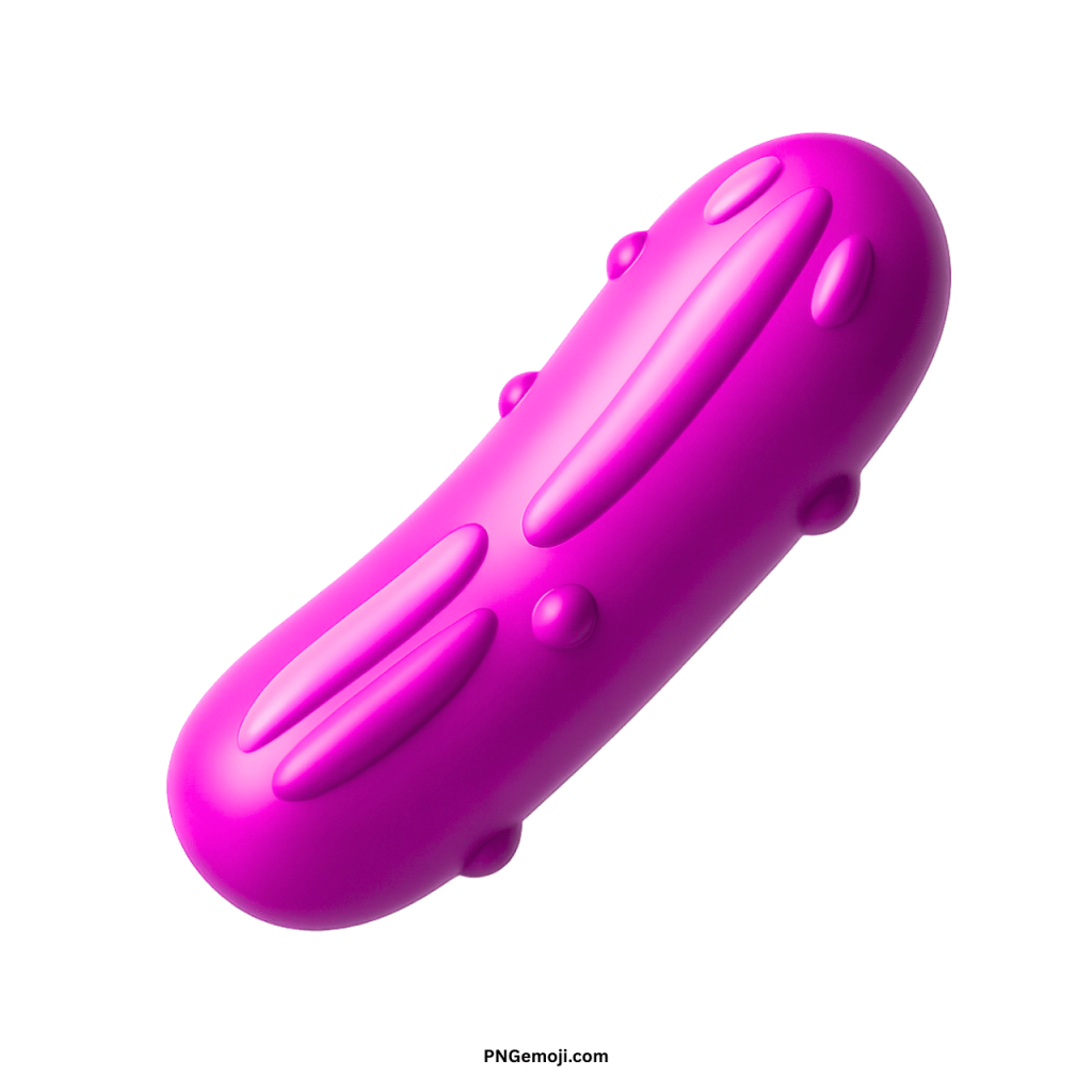  3D magenta cucumber emoji icon, stylized bright pink pickle, bold vegetable graphic symbol.