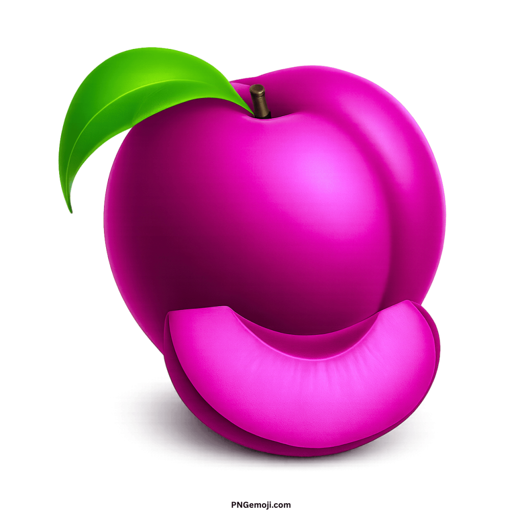  A bright magenta plum with a green leaf and a cut slice, isolated on a black background.