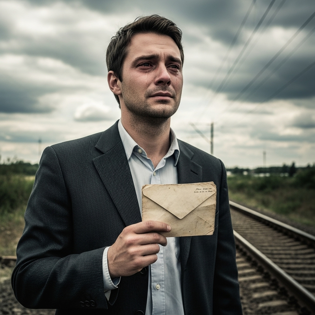 Man in suit holding old letter near railway track, sad expression, cloudy sky, emotional moment.