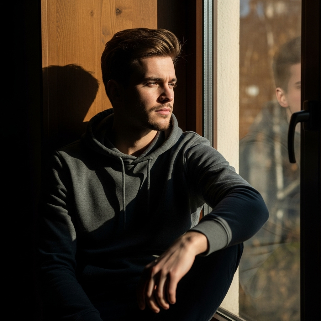 A man in a hoodie gazing thoughtfully out of a window during sunset with a soft reflection.