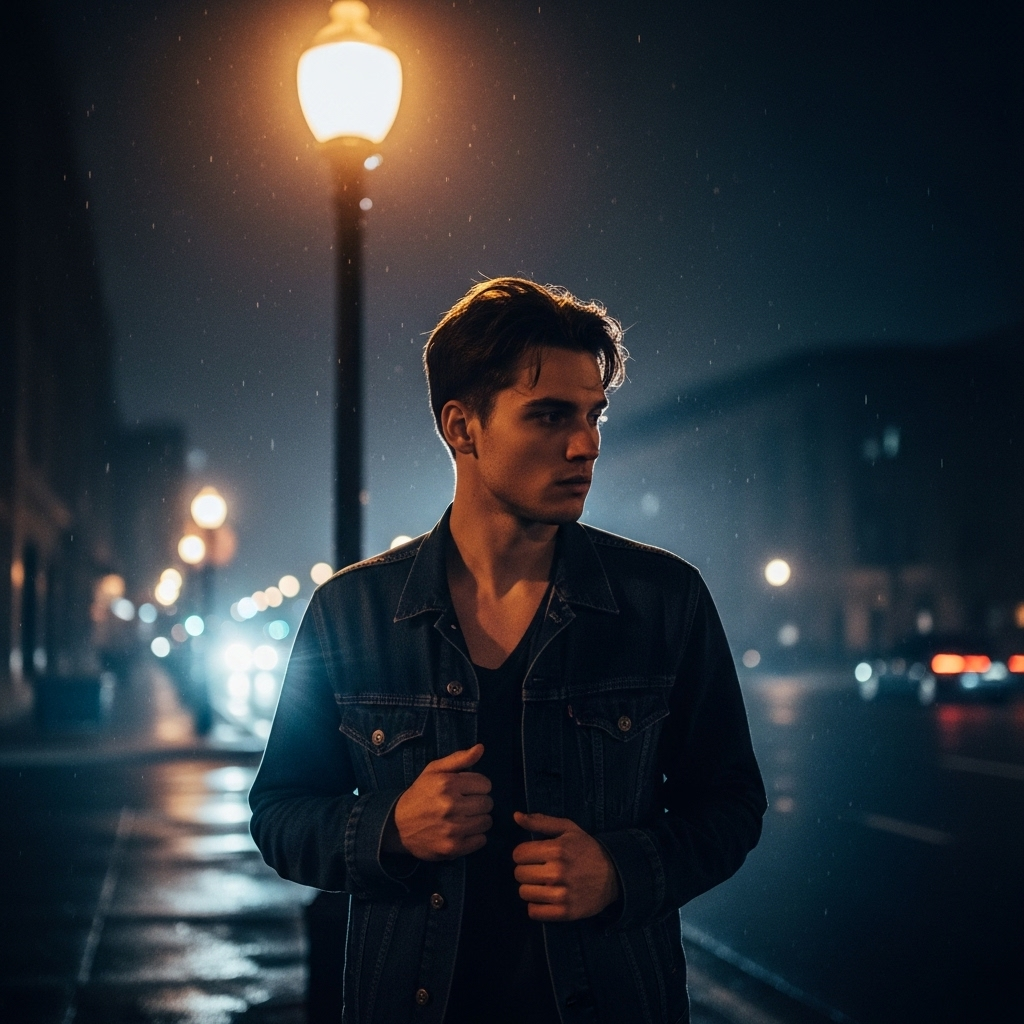 Introspective young man in denim jacket under streetlamp during rainy night stroll.