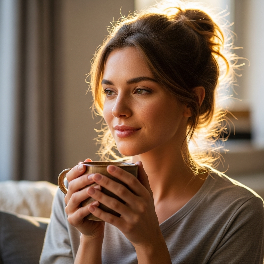 Young woman enjoying morning coffee at home with sunlight and cozy atmosphere