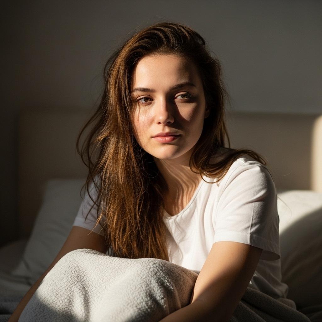 Young woman sitting in bed with natural morning sunlight on her face