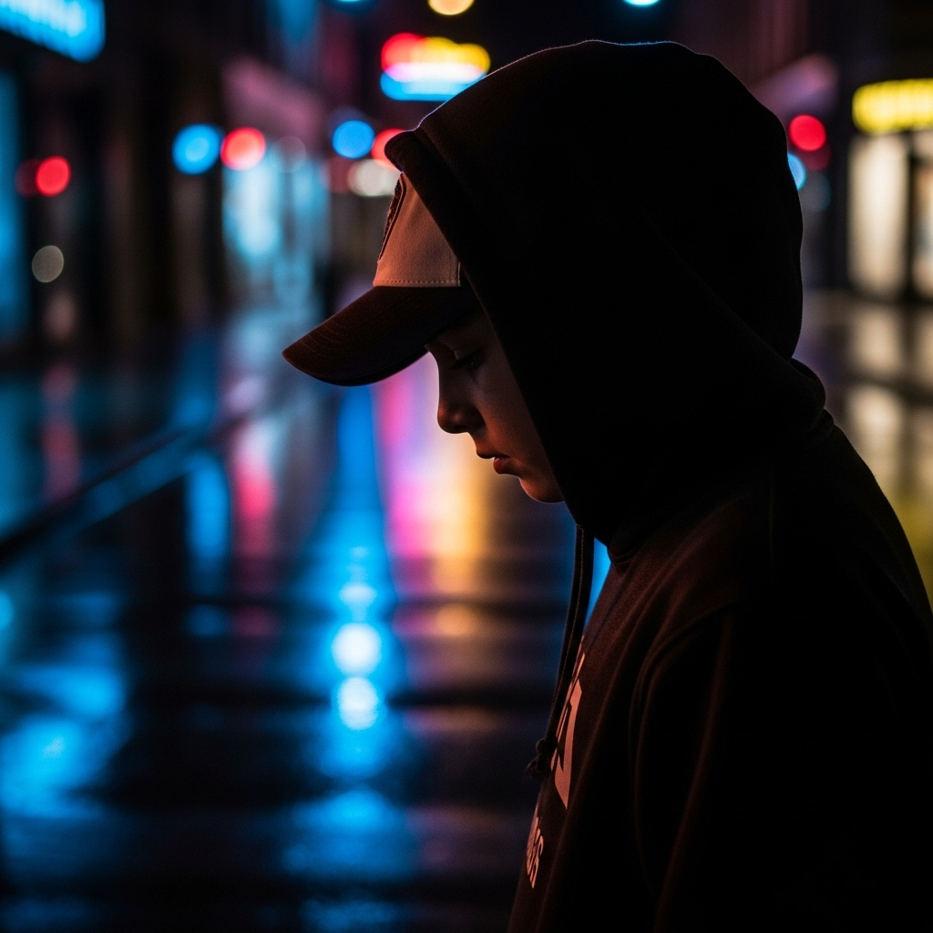 Pensive young boy in black hoodie and cap, profile view walking on wet neon-lit urban street at night with colorful reflections.