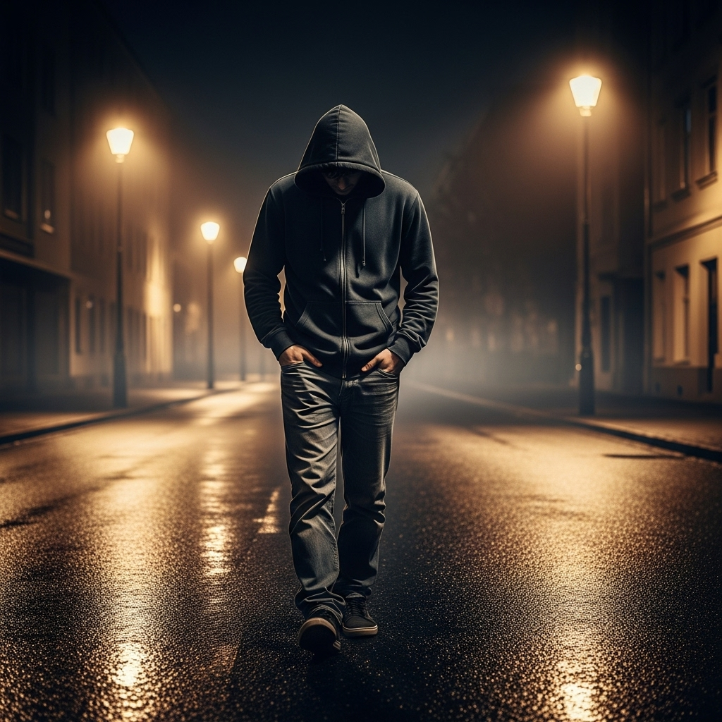 Mysterious hooded man walking on rainy street at night, illuminated by streetlights, foggy atmosphere.