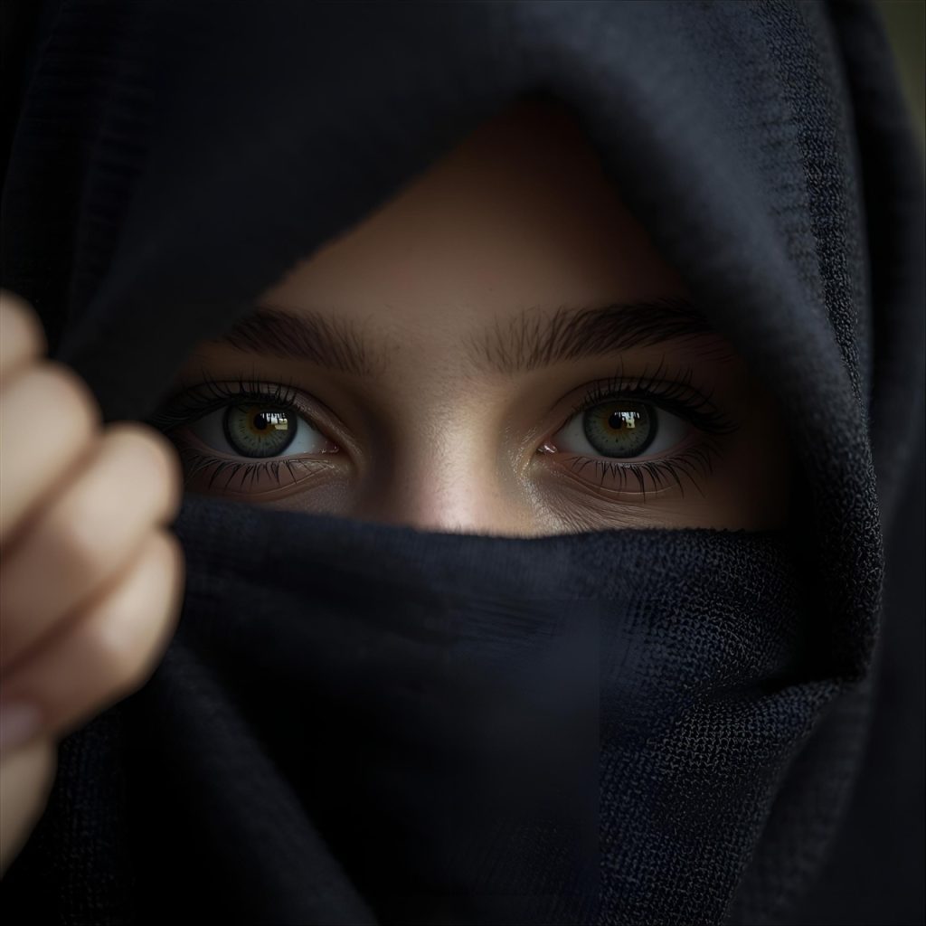 Mysterious hooded person pulling scarf to reveal green eyes, intense gaze, dark shadowy background, enigmatic portrait.