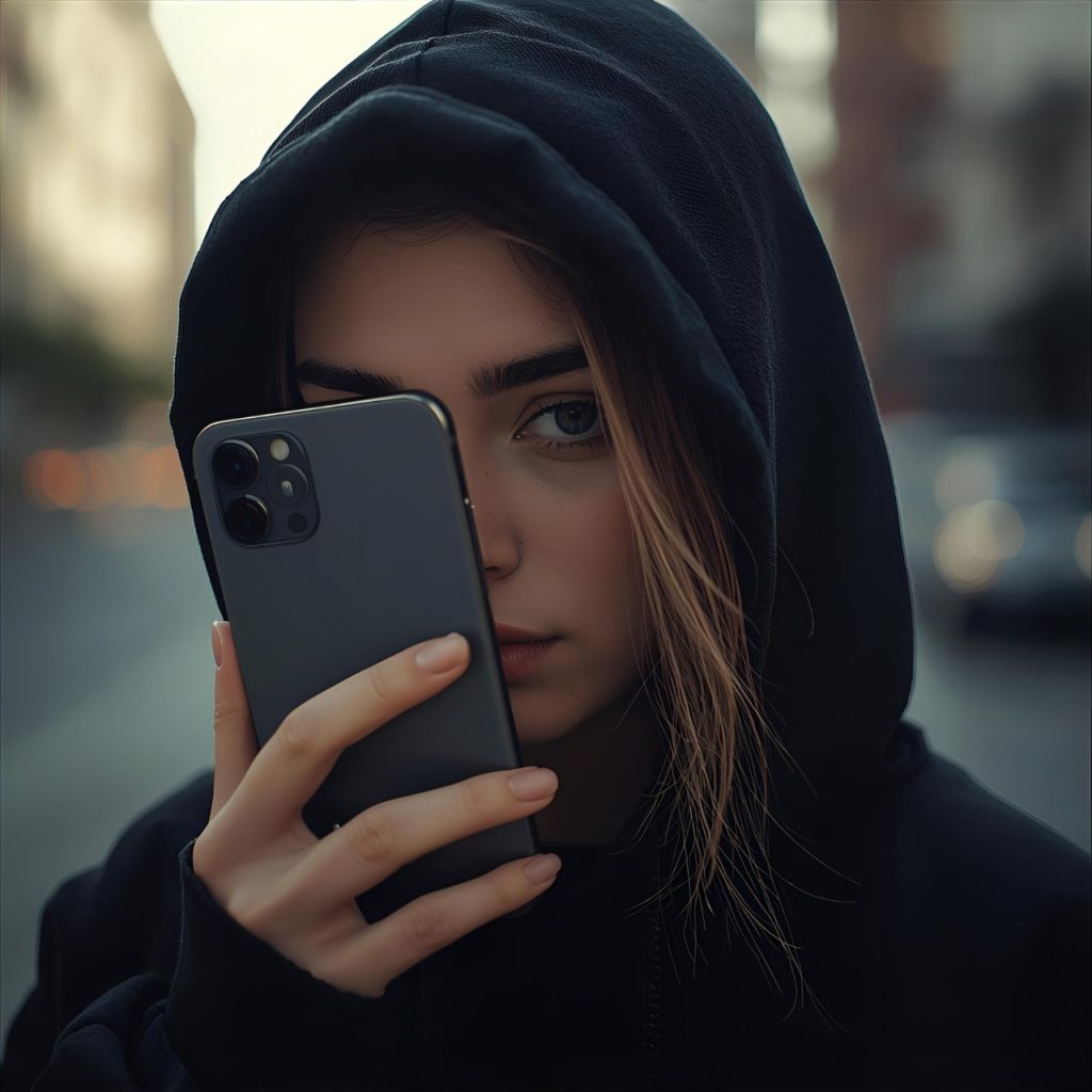 Mysterious hooded person using iPhone 12 on city street, blurred urban background, evening light, tech lifestyle